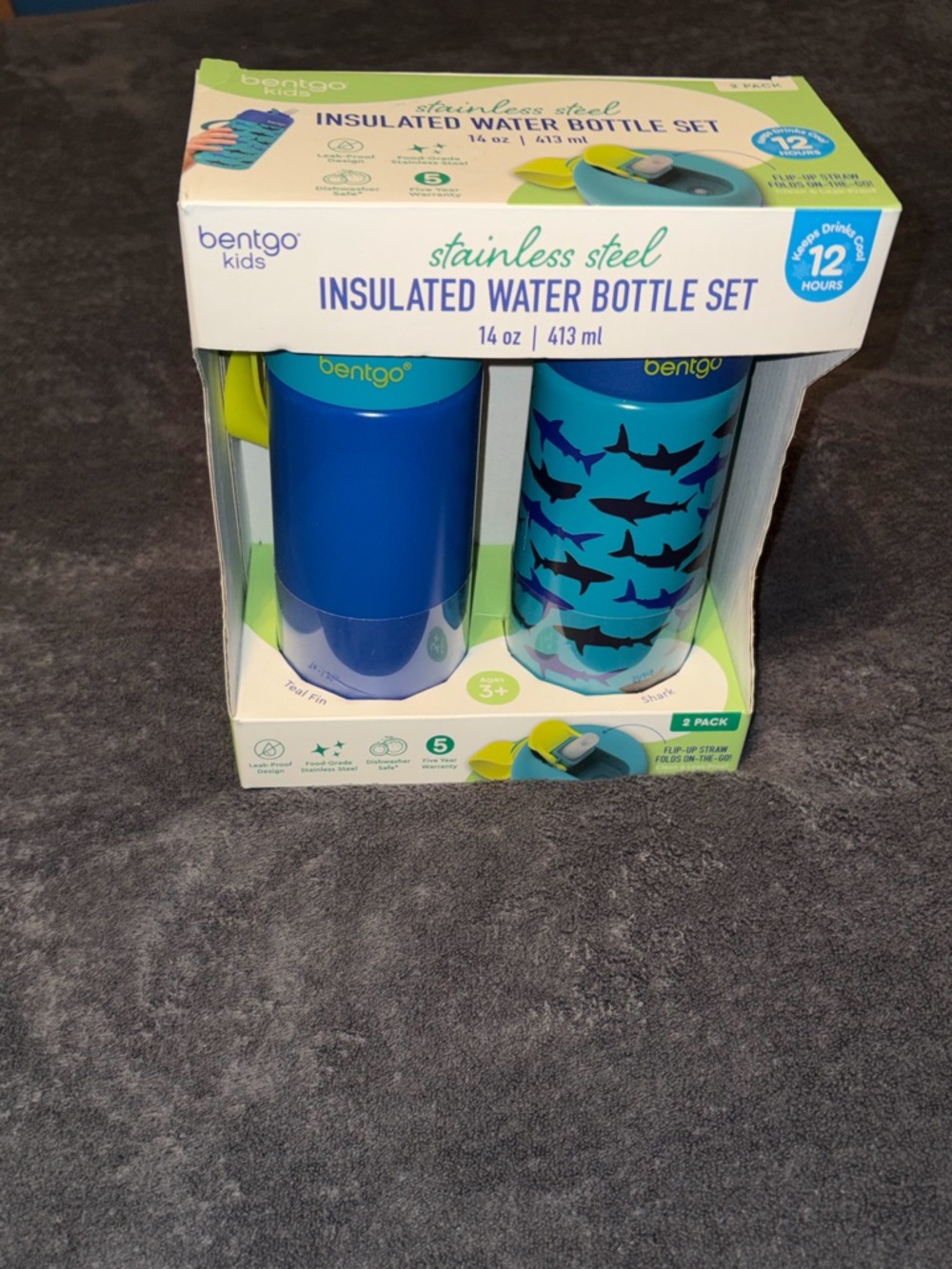 bentgo Kids Stainless Steel Insulated Water Bottle Set - Blue & Teal Shark